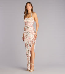 Josephine Floral Mesh Ruffled Slit Formal Dress