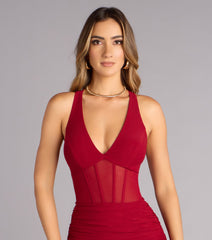 Kristy Mesh Corset Lace-Up Slit Formal Dress