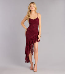 RSVP Ready Lace Asymmetric Ruffle Midi Dress