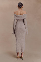 Baxter Off Shoulder Fluffy Knit Midi Dress - Taupe Marle