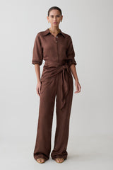 Gia Long Sleeve Satin Shirt - Chocolate