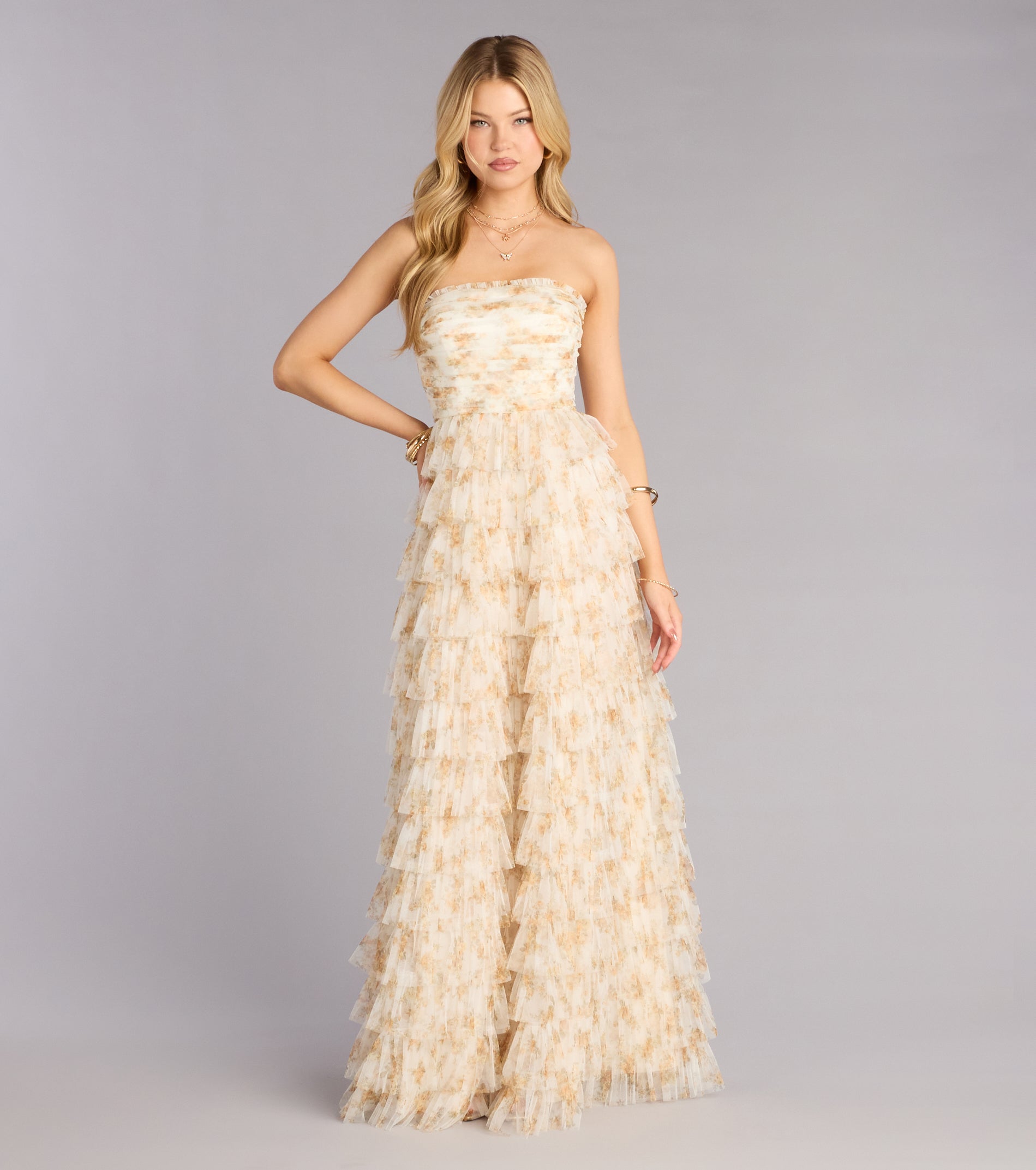 Milena Floral Mesh Ruffle A-Line Gown