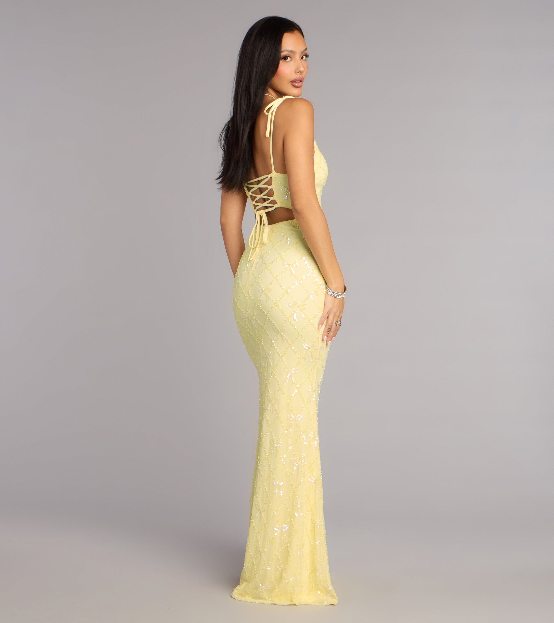 Tessa Bow Beaded Lace-Up Formal Dress
