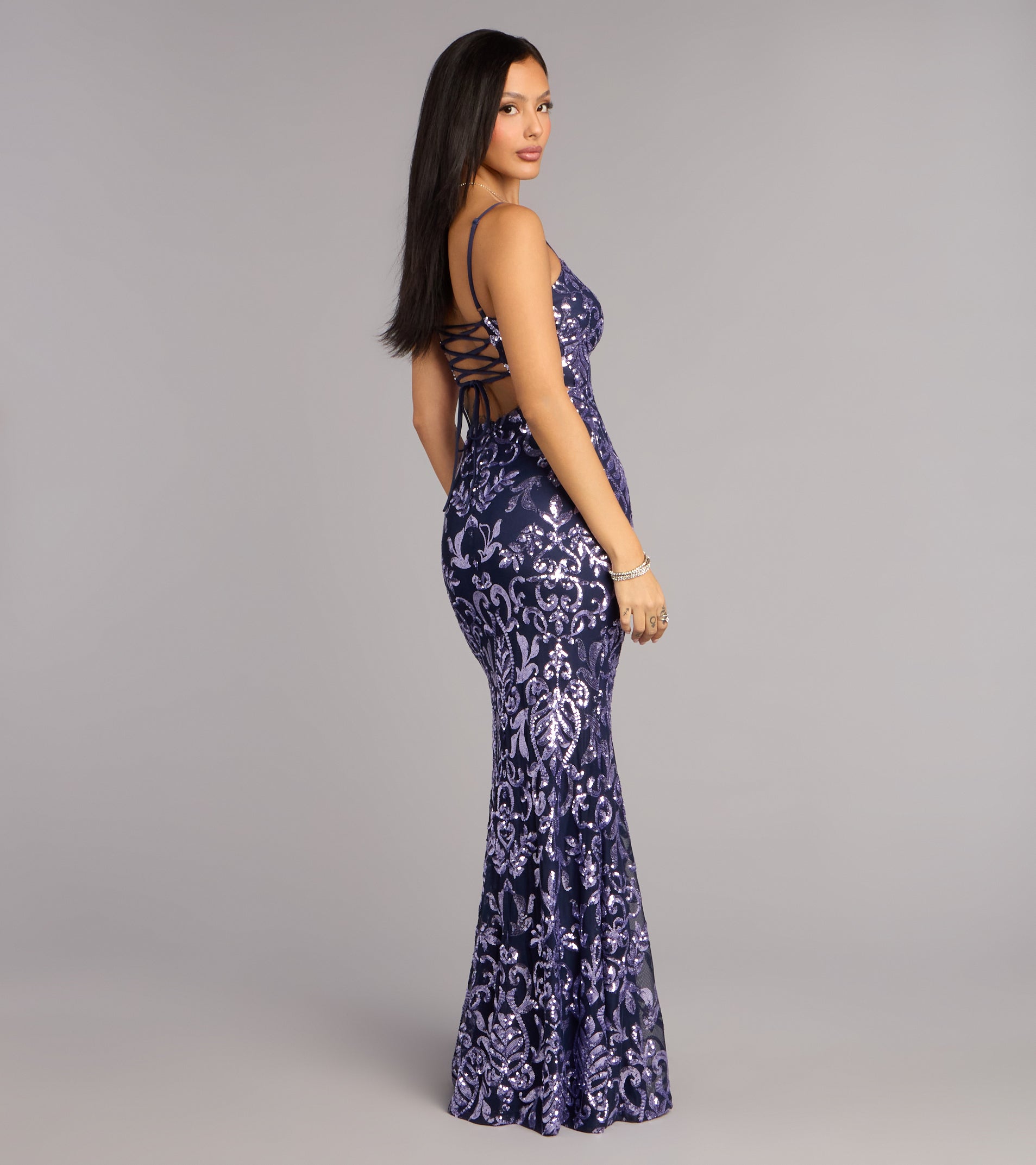 Rylee Sequin Lace-Up Formal Dress