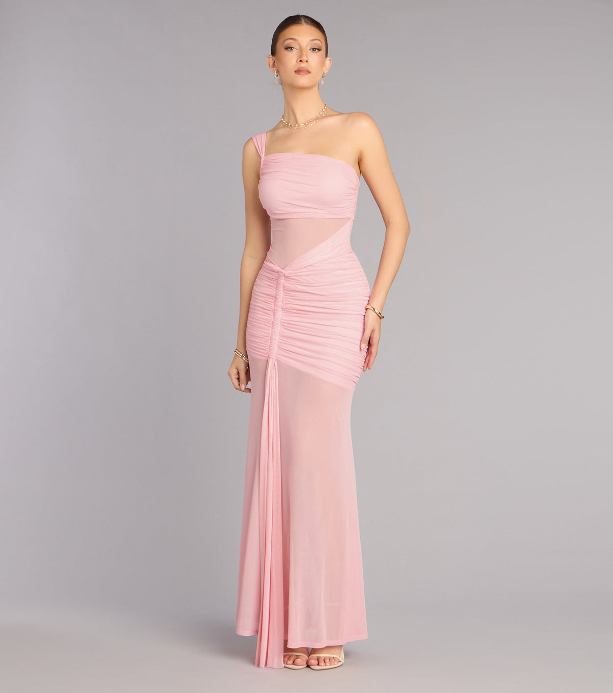 Caterina Mesh One-Shoulder Formal Dress