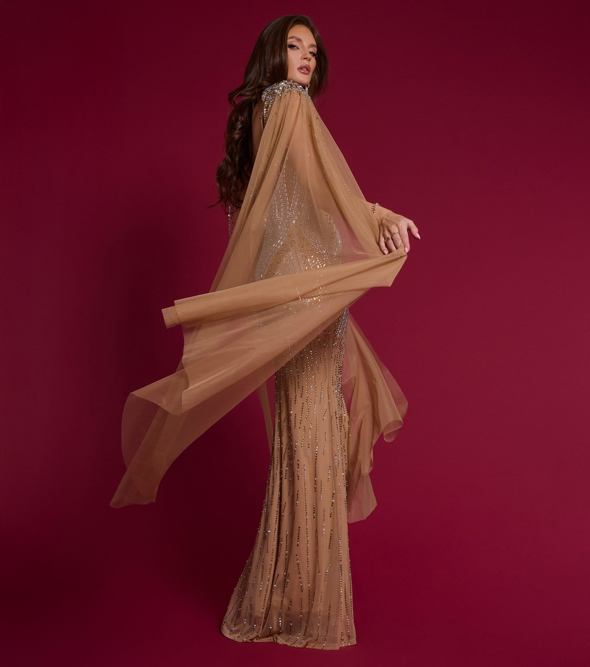 Kayte Rhinestone Mermaid Dress With Cape