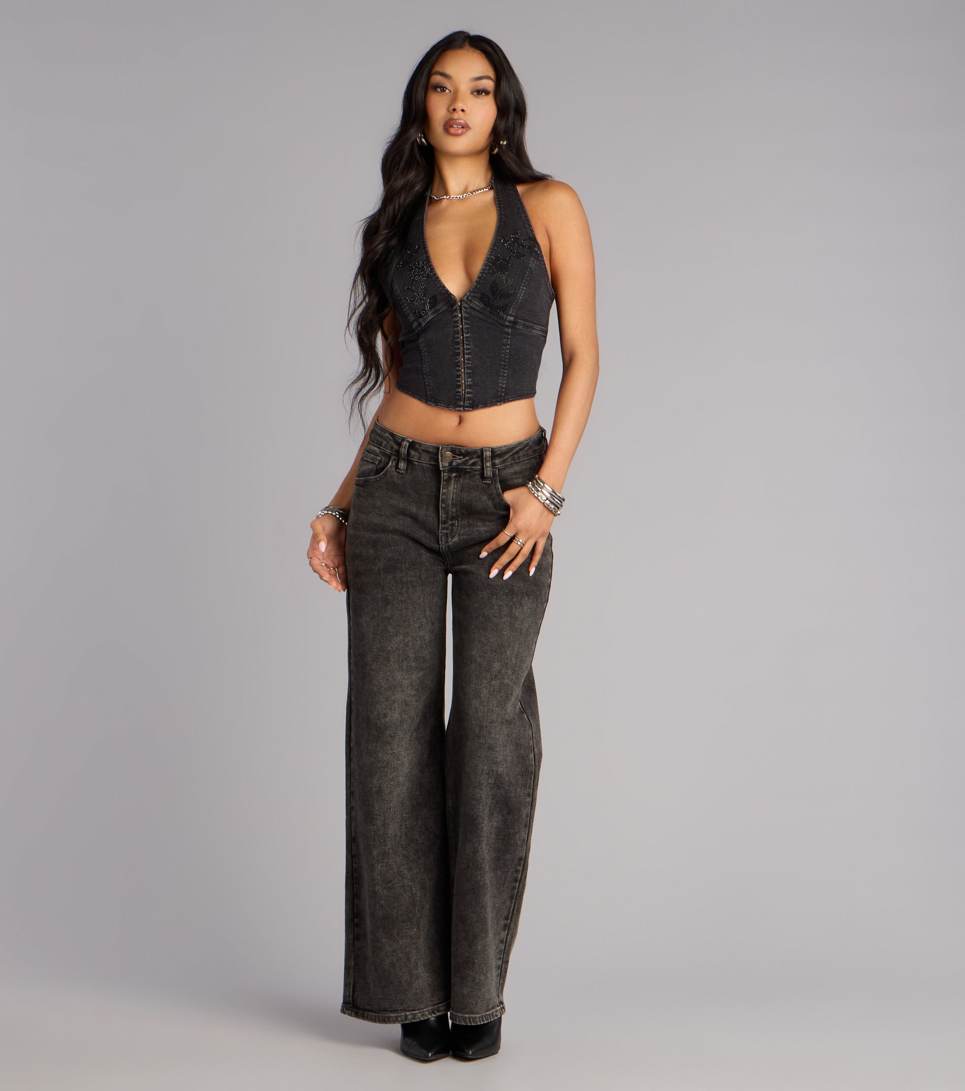 Dark Rose Drama Denim Halter Top