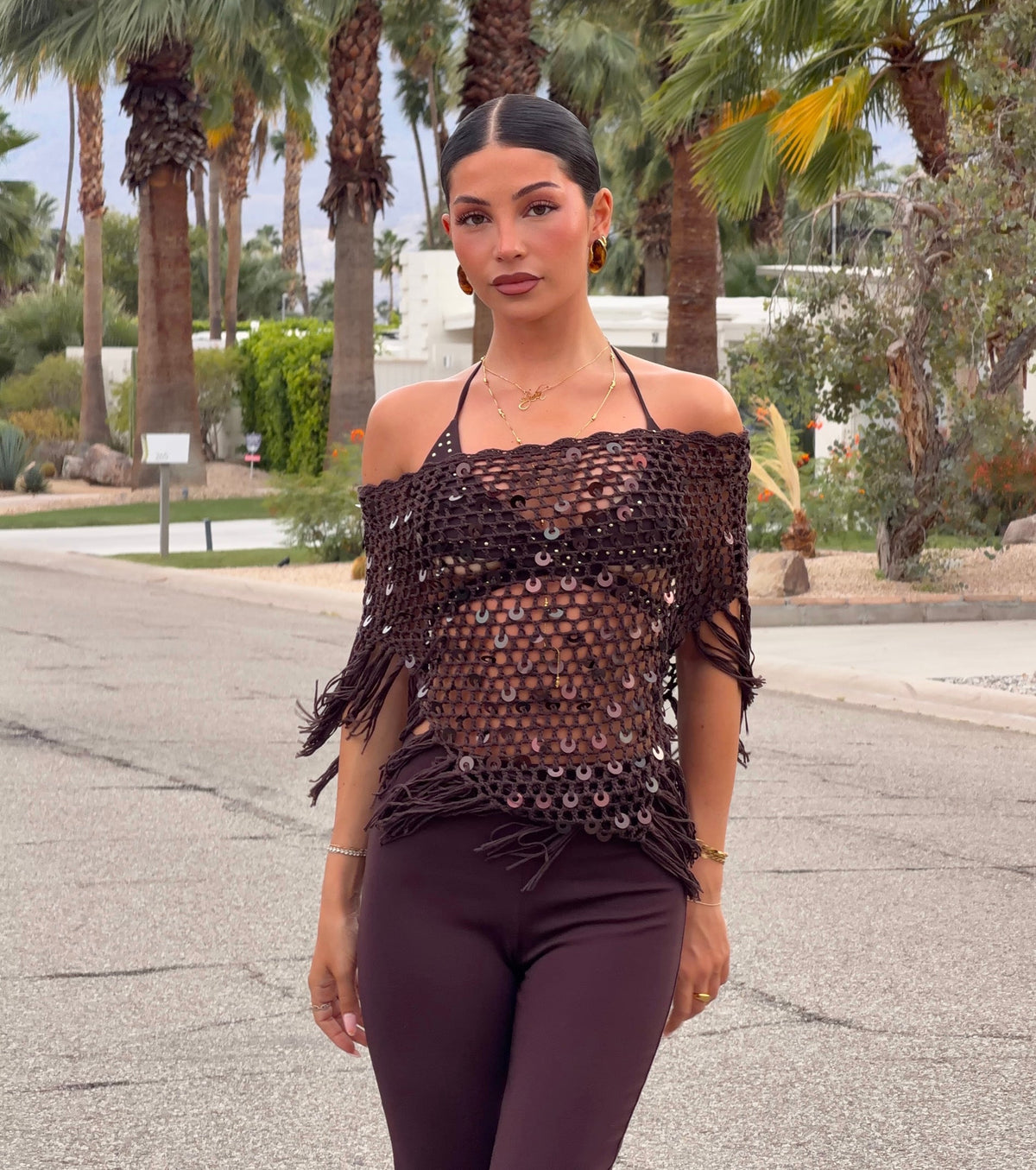 Bare Minimum Drama Sequin Crochet Fringe Poncho