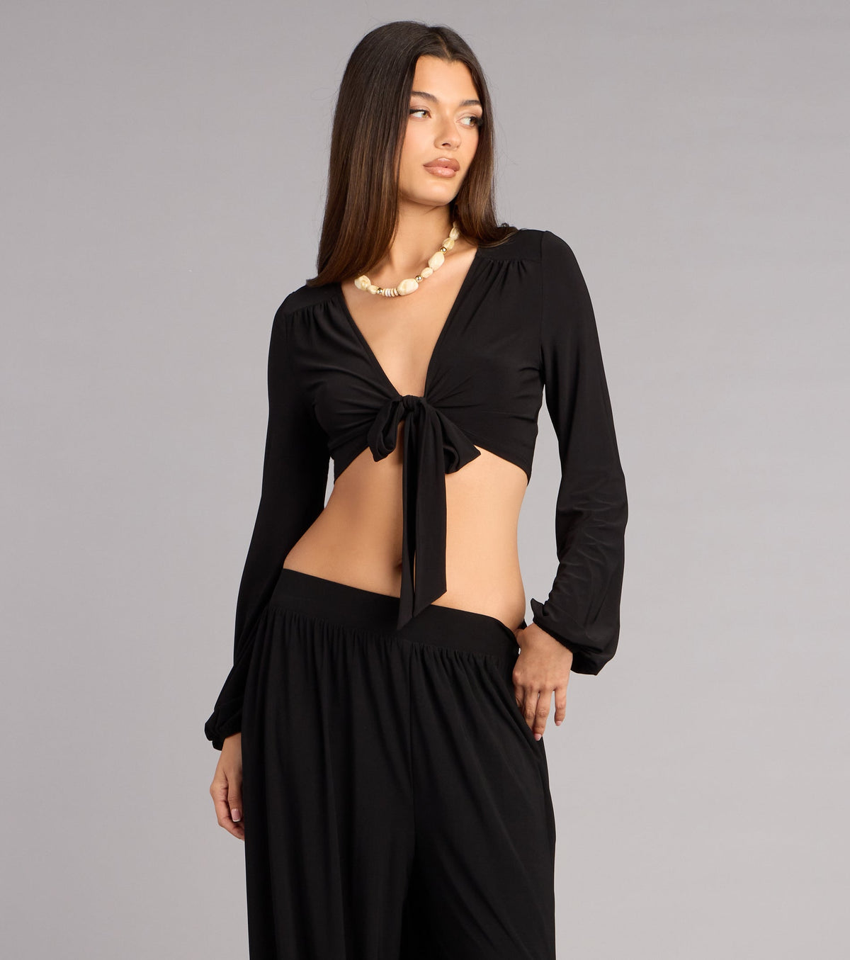 Weekend Mood Long Sleeve Tie-Front Crop Top