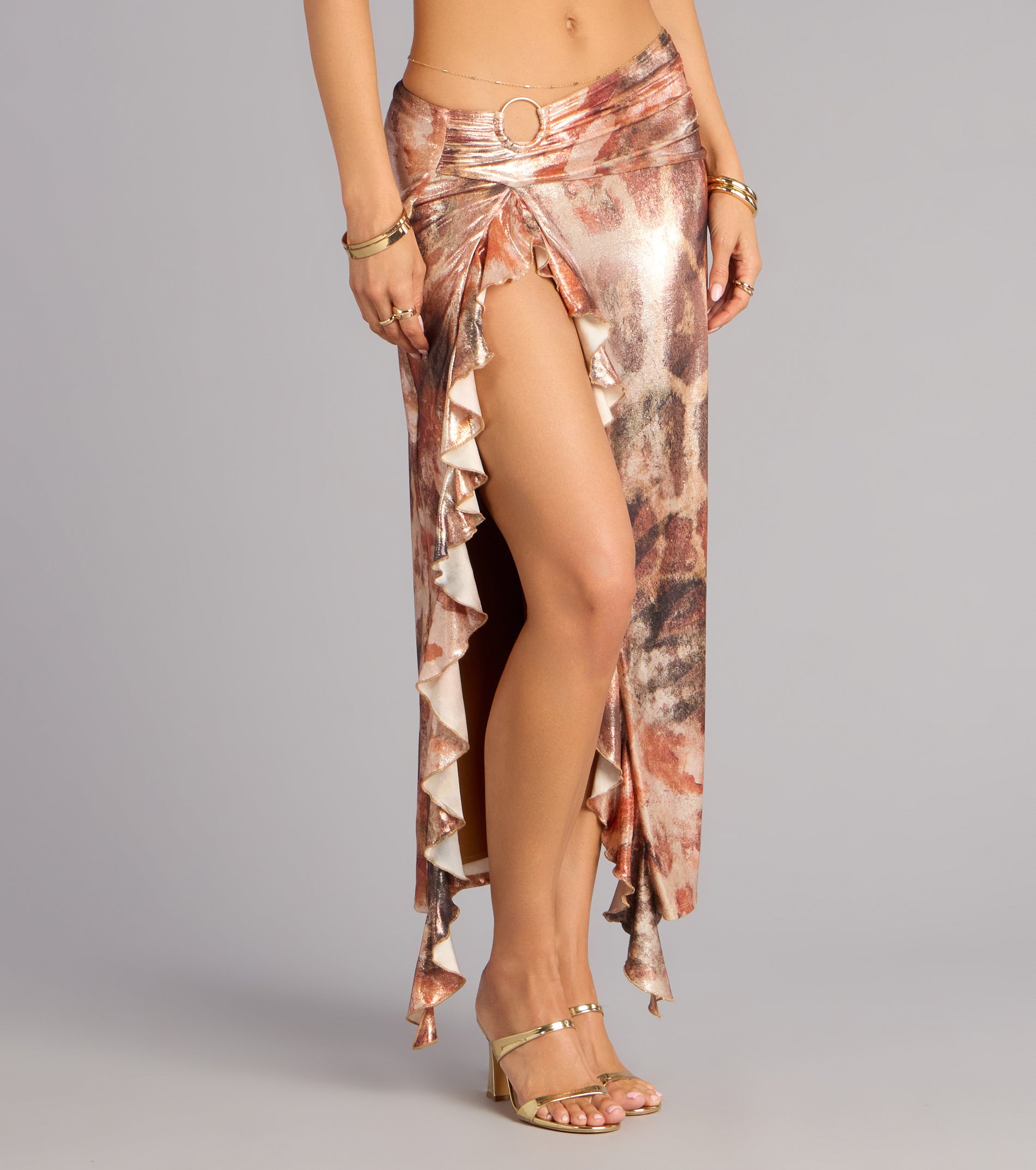 Golden Rush Metallic Ruffle Maxi Skirt