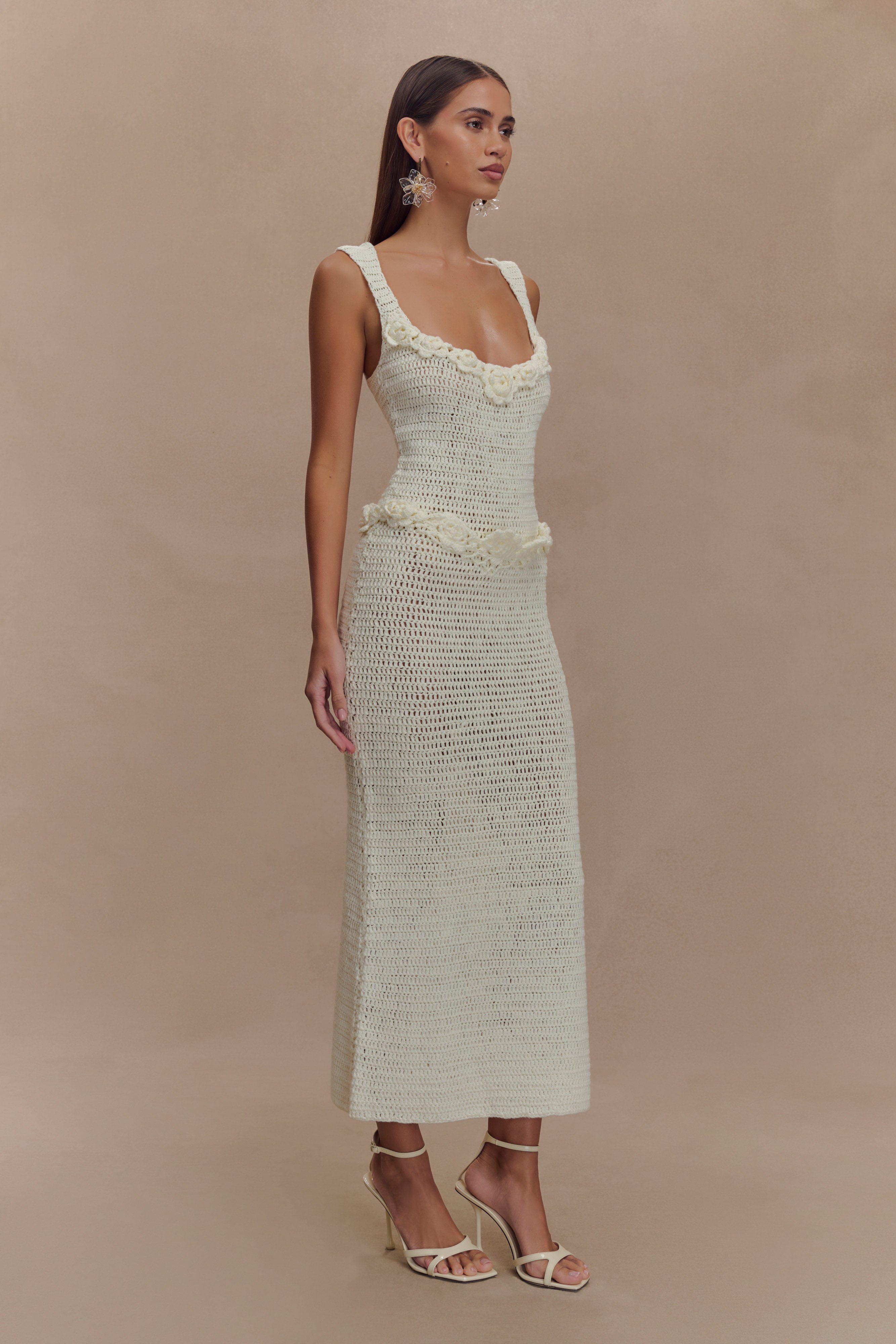 Teagan Floral Hand Crochet Midi Dress - Ivory