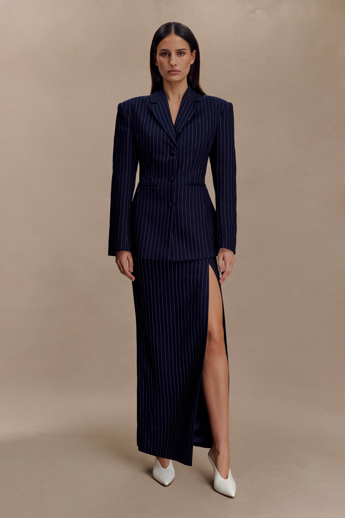 Cassie Column Maxi Skirt - Navy Pinstripe