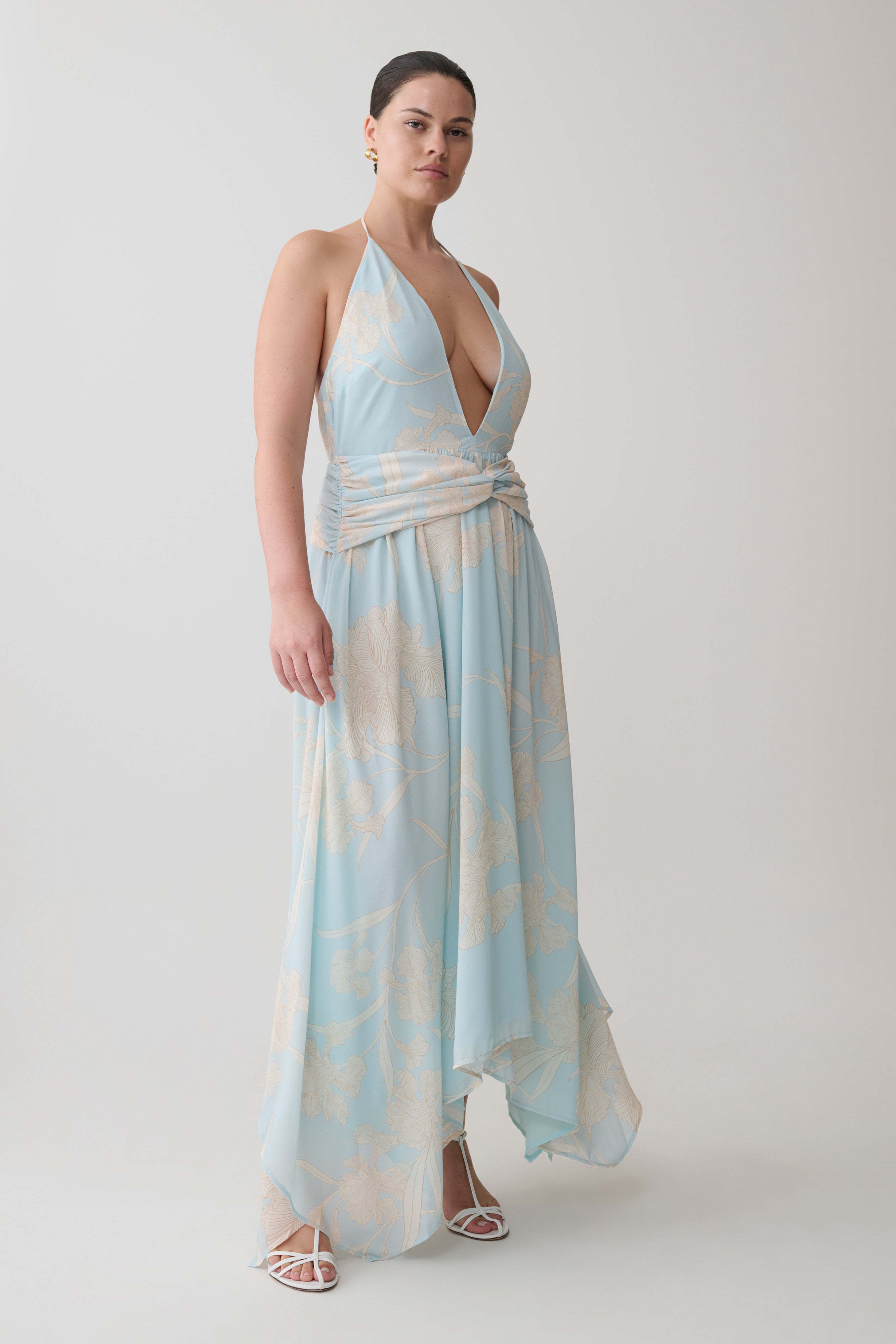 Cyra Plunge Chiffon Midi Dress - Blue Floral Print