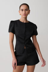 Anne Short Sleeve Satin Top - Black